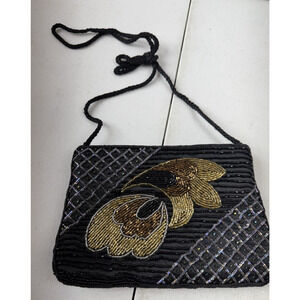 Vintage Beaded Crossbody Evening Handbag Black Gold prom‎ hoco wedding